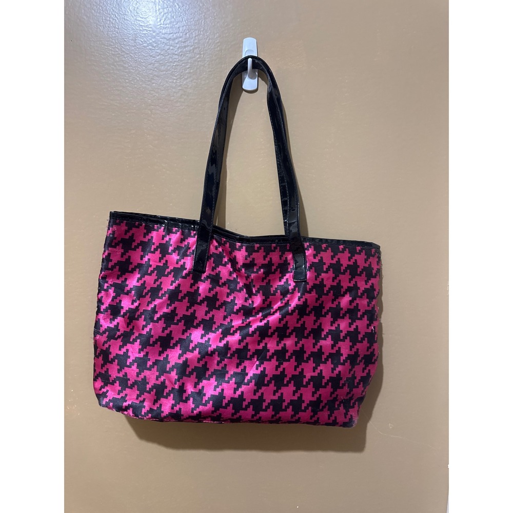 Unbranded Tote Bag Women Pink Black Houndstooth Satin Patent Straps Y2K Style